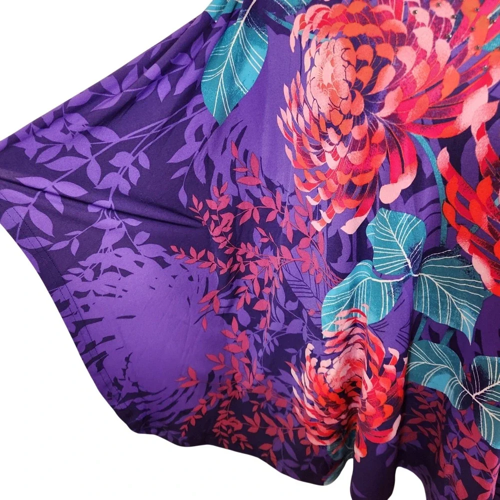 Quacker Factory Jeanne Bice Purple Floral Rhinestone V-Neck Poncho Top Sz XL NWT